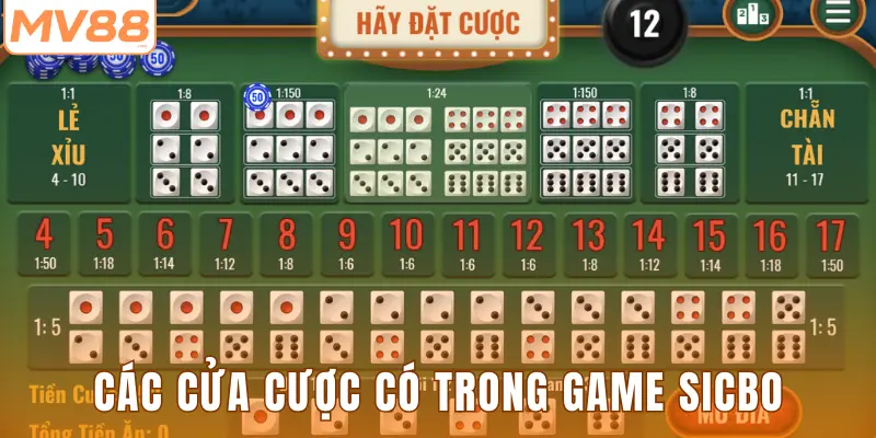 Các cửa cược có trong game sicbo